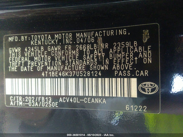 2007 TOYOTA CAMRY CE/LE/SE/XLE VIN: 4T1BE46K37U528124