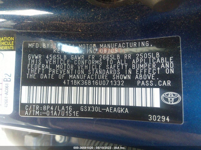2006 TOYOTA AVALON XLS VIN: 4T1BK36B16U071332