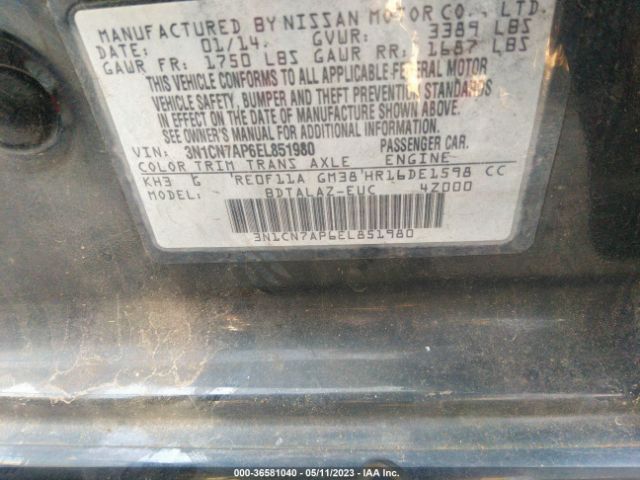 3N1CN7AP6EL851980 Nissan Versa S Plus