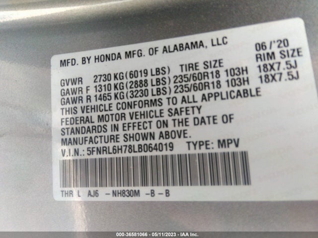 Honda Odyssey Ex-l 2020 5FNRL6H78LB064019 Image 9