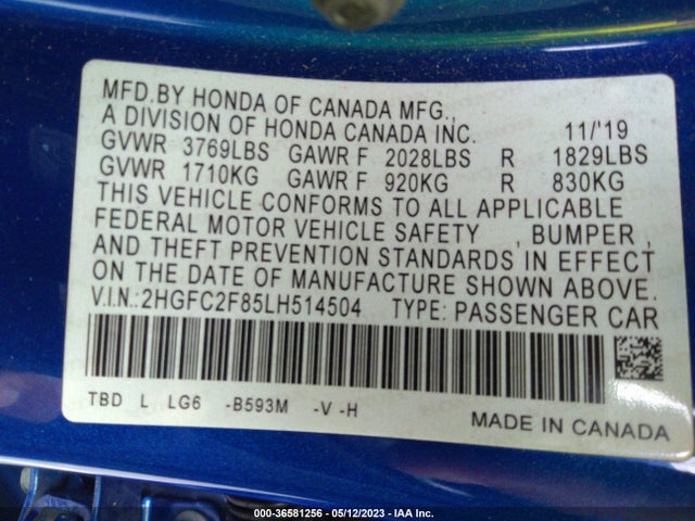 2020 HONDA CIVIC SEDAN SPORT VIN: 2HGFC2F85LH514504