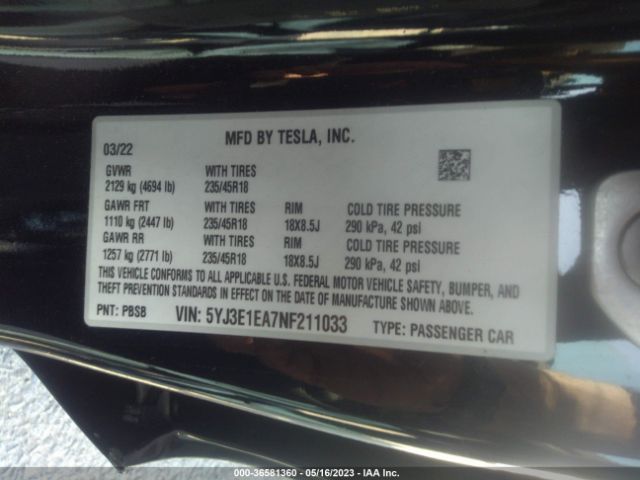 5YJ3E1EA7NF211033 Tesla MODEL 3