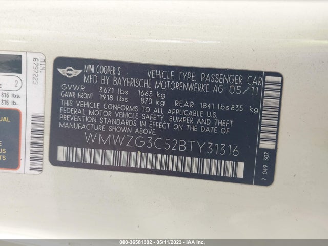 2011 MINI COOPER CLUBMAN S VIN: WMWZG3C52BTY31316