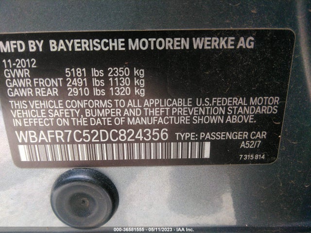 2013 BMW 5 SERIES 535I VIN: WBAFR7C52DC824356