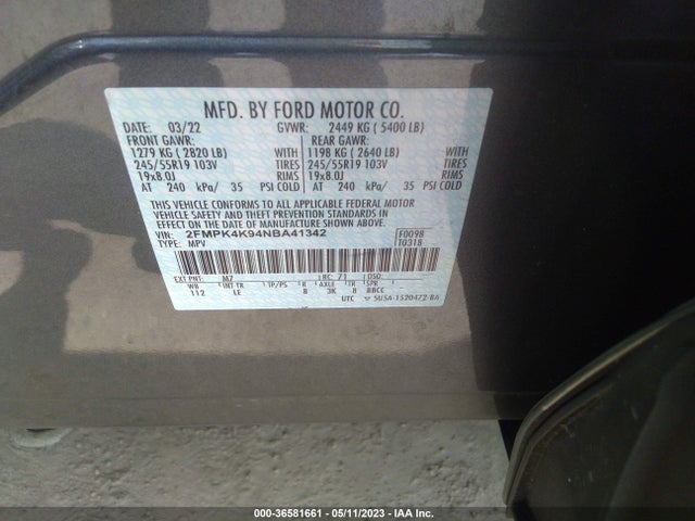 2022 FORD EDGE TITANIUM VIN: 2FMPK4K94NBA41342