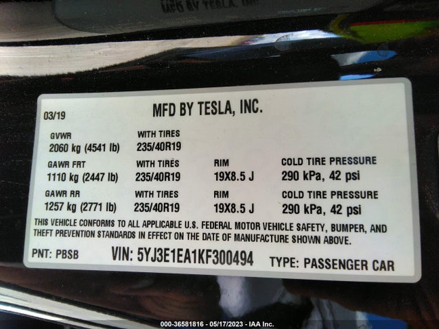 Tesla MODEL 3 2019 5YJ3E1EA1KF300494 Image 28