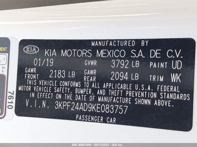 3KPF24AD9KE083757 KIA Forte Lxs