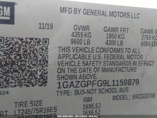 Chevrolet Express Passenger Lt 2020 1GAZGPFG9L1159879 Image 10