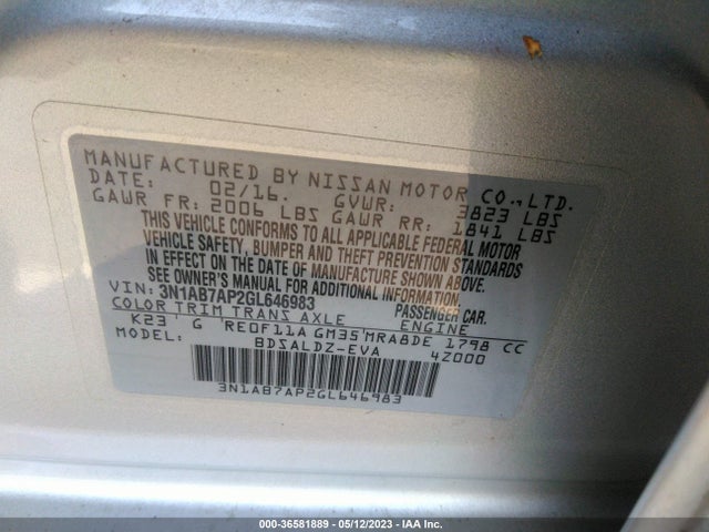 2016 NISSAN SENTRA SR/SL/S/SV/FE+ S VIN: 3N1AB7AP2GL646983