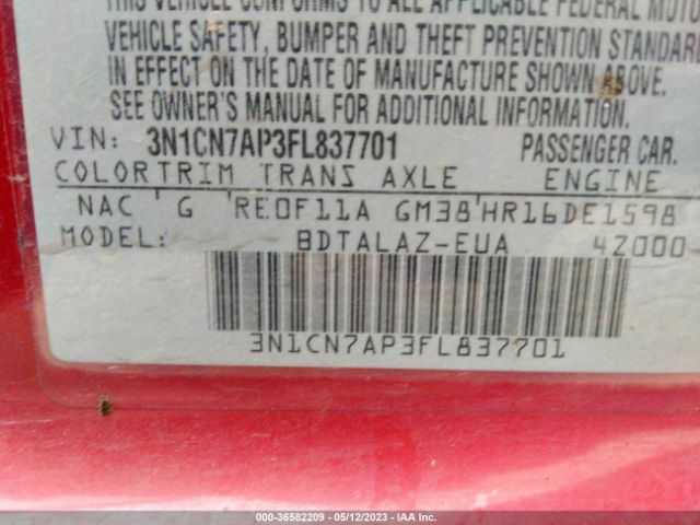 3N1CN7AP3FL837701 Nissan Versa S Plus