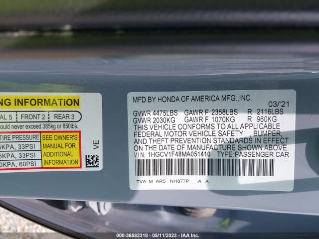 2021 HONDA ACCORD SEDAN SPORT SE VIN: 1HGCV1F48MA051410