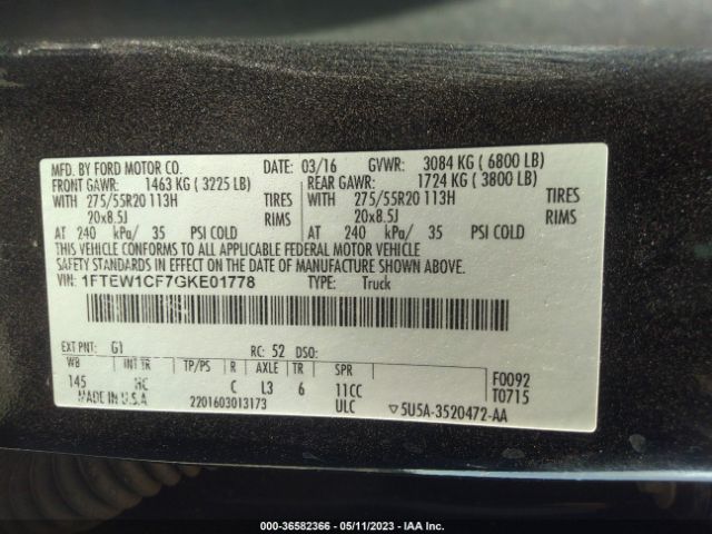 1FTEW1CF7GKE01778 Ford F-150 Xl/lariat