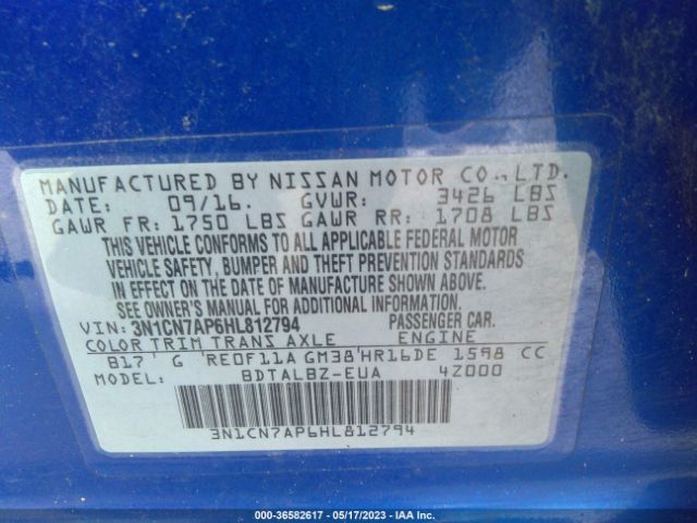 3N1CN7AP6HL812794 Nissan Versa Sedan S/s Plus/sl/sv