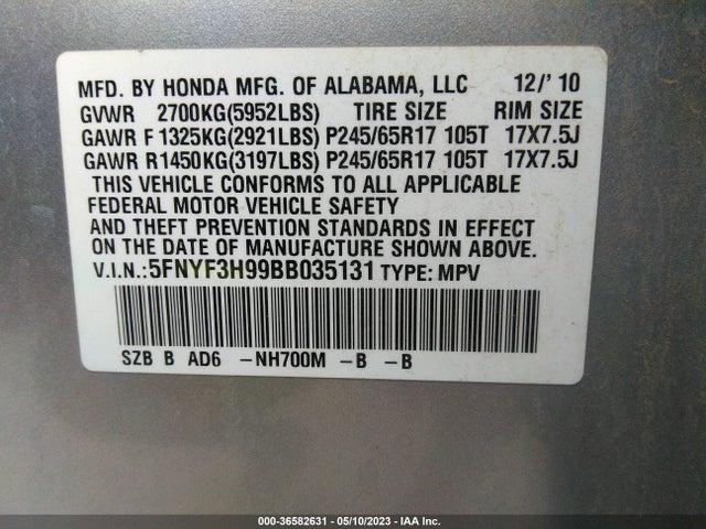 2011 HONDA PILOT TOURING VIN: 5FNYF3H99BB035131