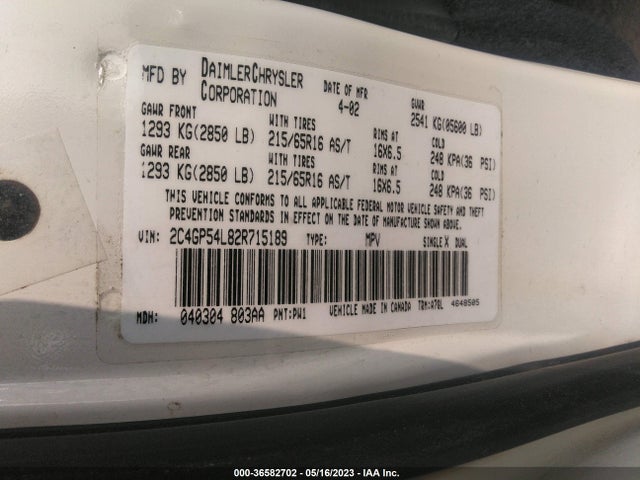 2002 CHRYSLER TOWN & COUNTRY LXI VIN: 2C4GP54L82R715189