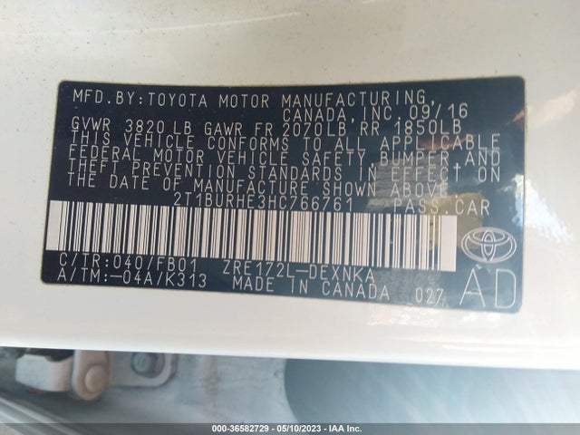 2017 TOYOTA COROLLA LE VIN: 2T1BURHE3HC766761