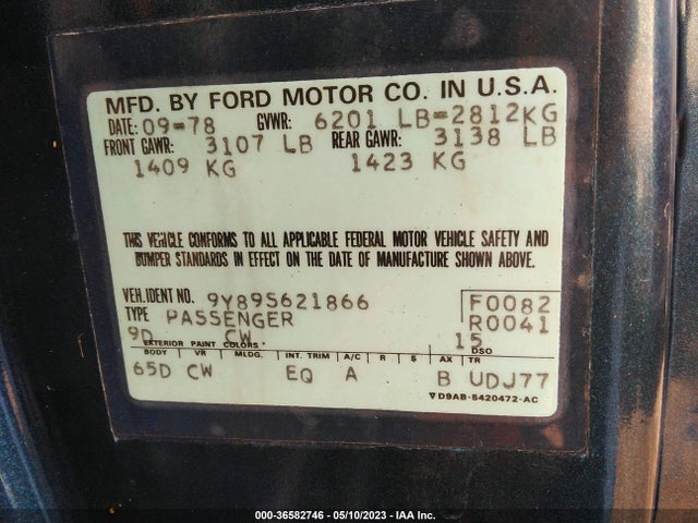 1979 CONTINENTAL TOWN CAR VIN: 9Y89S621866