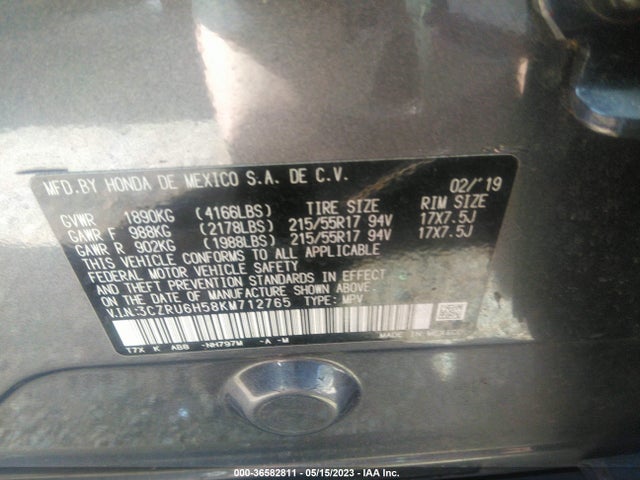 2019 HONDA HR-V EX VIN: 3CZRU6H58KM712765
