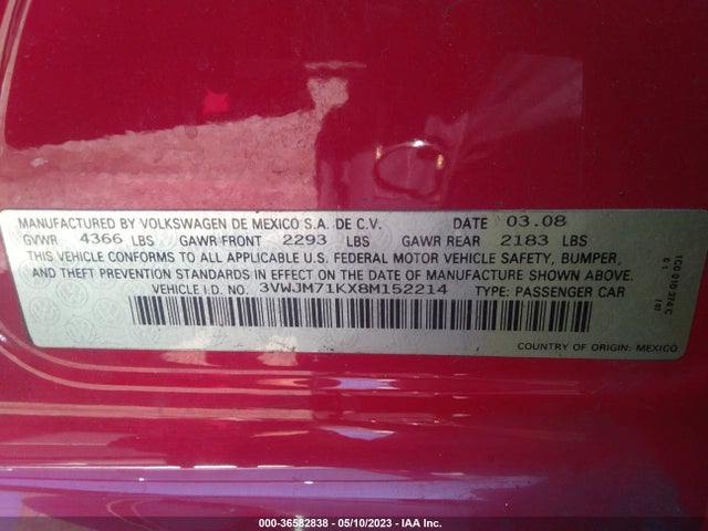 2008 VOLKSWAGEN JETTA SEDAN S VIN: 3VWJM71KX8M152214
