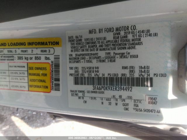 3FA6P0K9XER394492 Ford Fusion Titanium