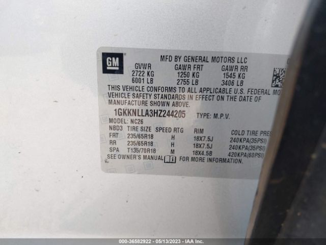 1GKKNLLA3HZ244205 GMC ACADIA SLE