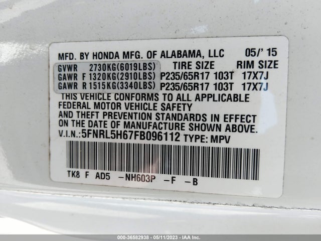 Honda Odyssey Ex-l 2015 5FNRL5H67FB096112 Image 9