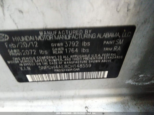 2012 HYUNDAI ELANTRA GLS/LIMITED VIN: 5NPDH4AE8CH148559