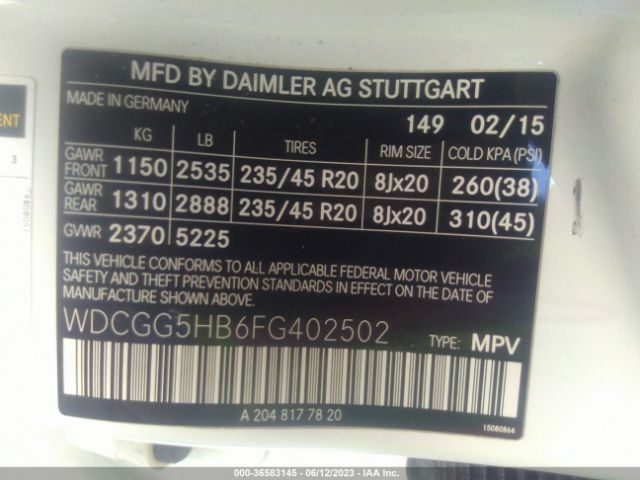 WDCGG5HB6FG402502 Mercedes-Benz Glk-class Glk 350