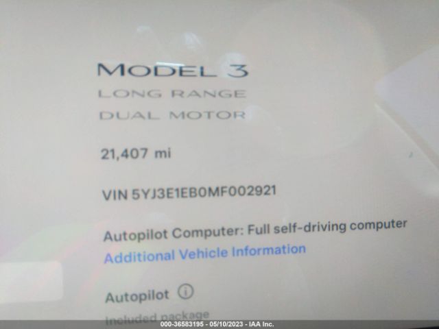 5YJ3E1EB0MF002921 Tesla Model 3 Long Range
