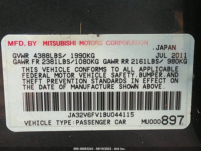 2011 MITSUBISHI LANCER RALLIART VIN: JA32V6FV1BU044115