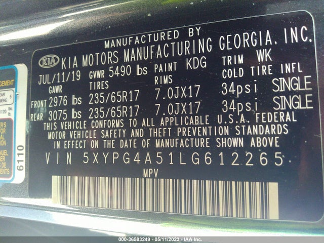 KIA Sorento Lx V6 2020 5XYPG4A51LG612265 Image 9