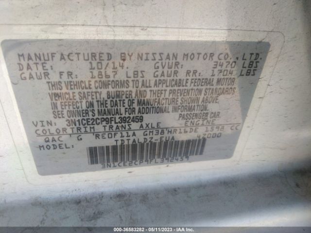 3N1CE2CP9FL392459 Nissan Versa Note Sv
