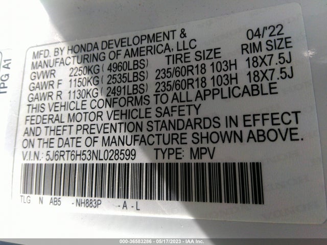 2022 HONDA CR-V HYBRID EX VIN: 5J6RT6H53NL028599