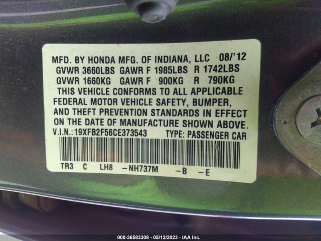 2012 HONDA CIVIC SDN LX VIN: 19XFB2F56CE373543