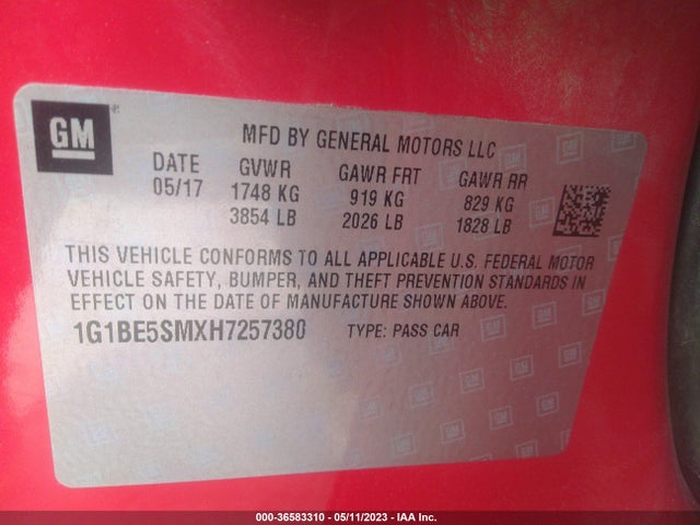 Chevrolet CRUZE LT 2017 1G1BE5SMXH7257380 Image 10