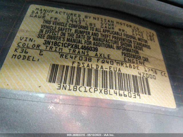 2011 NISSAN VERSA 1.8 S VIN: 3N1BC1CPXBL466039