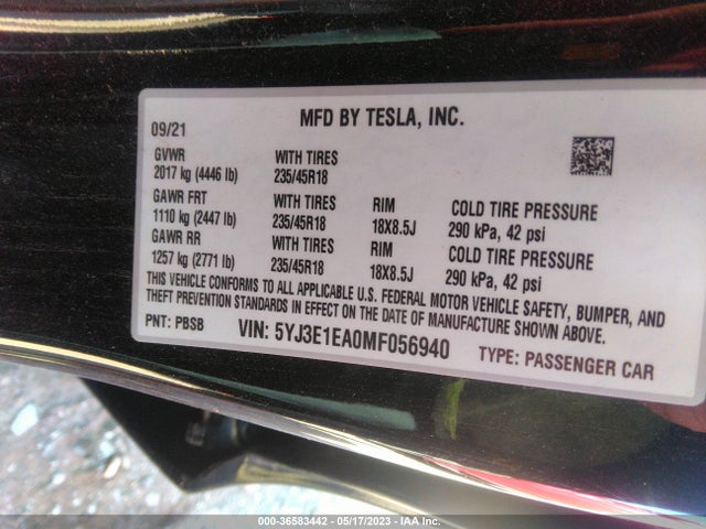 2021 Tesla 3, VIN: 5YJ3E1EA0MF056940