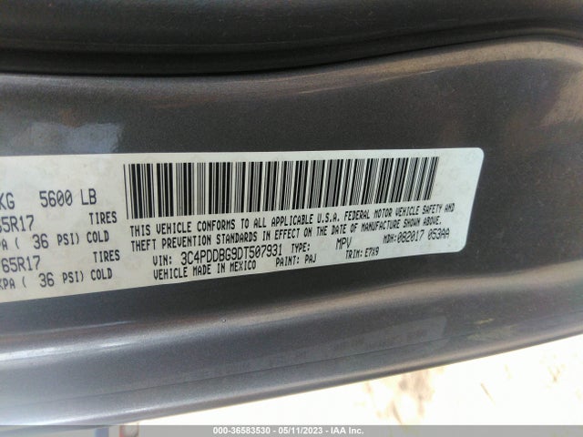 2013 DODGE JOURNEY SXT VIN: 3C4PDDBG9DT507931