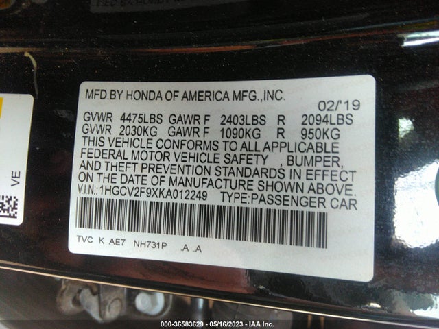 2019 HONDA ACCORD SEDAN TOURING 2.0T VIN: 1HGCV2F9XKA012249