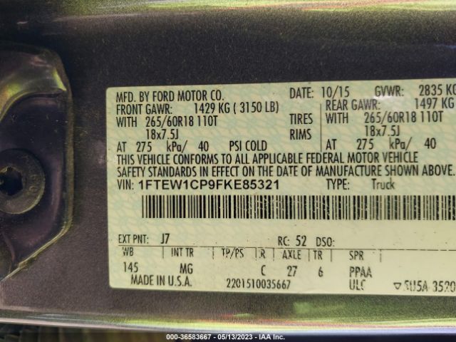 1FTEW1CP9FKE85321 Ford F-150 Xl/lariat/xlt