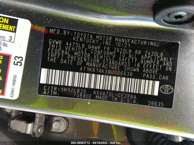 2022 Toyota Camry, VIN: 4T1K61AKXNU006638