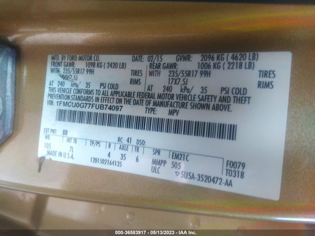 Ford ESCAPE SE 2015 1FMCU0G77FUB74097 Image 10