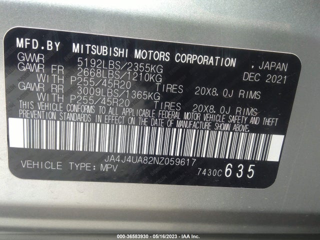 JA4J4UA82NZ059617 Mitsubishi Outlander Se