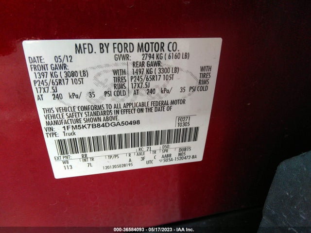 2013 FORD EXPLORER BASE VIN: 1FM5K7B84DGA50498