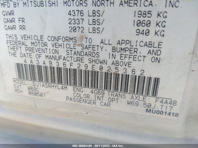 2009 MITSUBISHI GALANT ES/SPORT VIN: 4A3AB36F29E025362