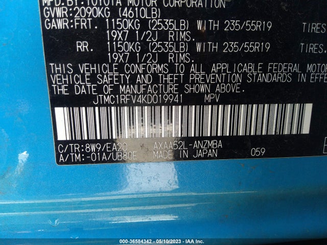 2019 TOYOTA RAV4 XLE PREMIUM VIN: JTMC1RFV4KD019941