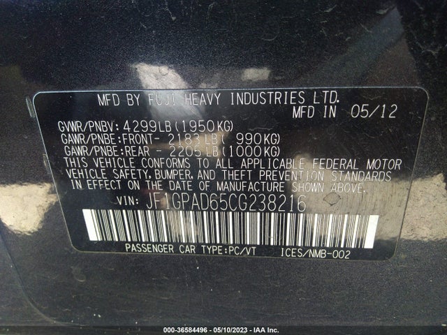 36584496 :رقم المزاد ، JF1GPAD65CG238216 vin ، 2012 Subaru Impreza Wagon 2.0i Premium مزاد بيع