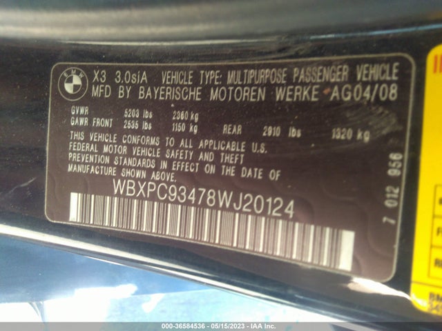 2008 BMW X3 3.0SI VIN: WBXPC93478WJ20124