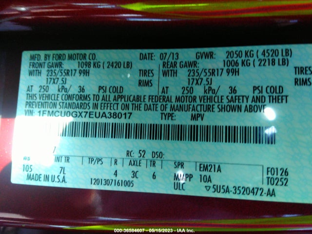 2014 FORD ESCAPE SE VIN: 1FMCU0GX7EUA38017