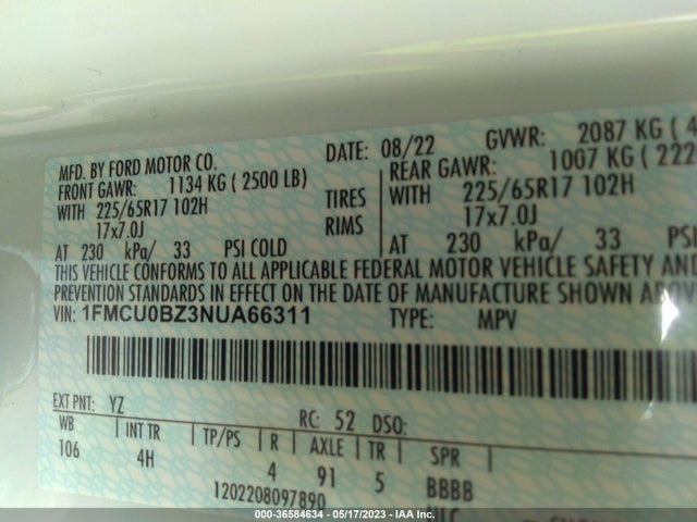 2022 Ford Escape, VIN: 1FMCU0BZ3NUA66311